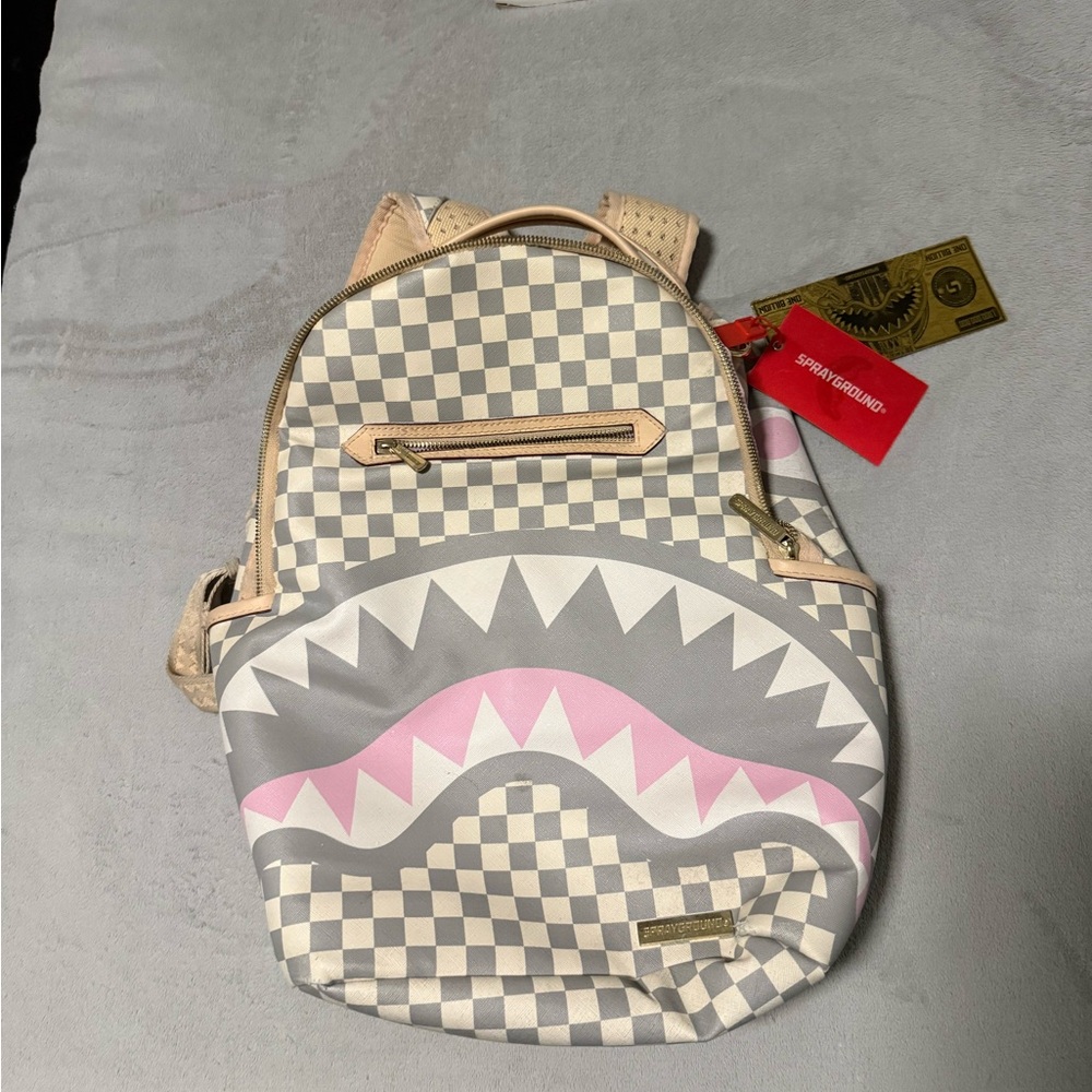 Sprayground Gray and Pink Shark Mouth Backpack